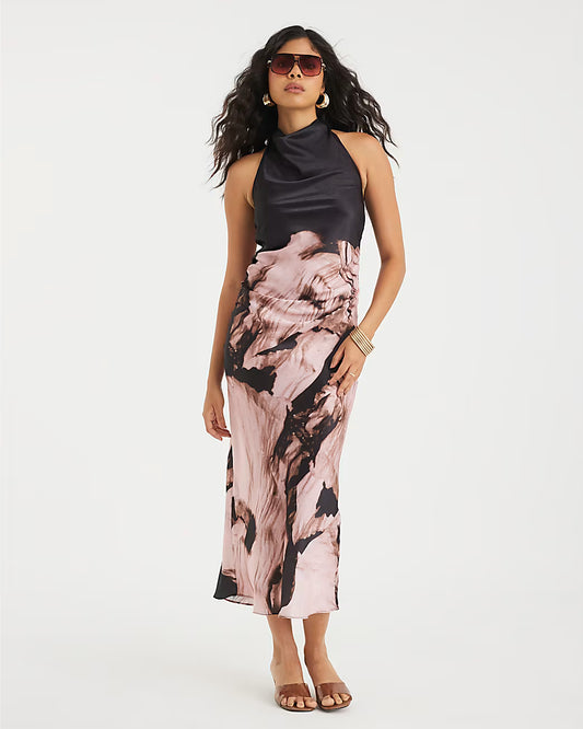 Pink Satin Printed Cowl Neck Slip Dress