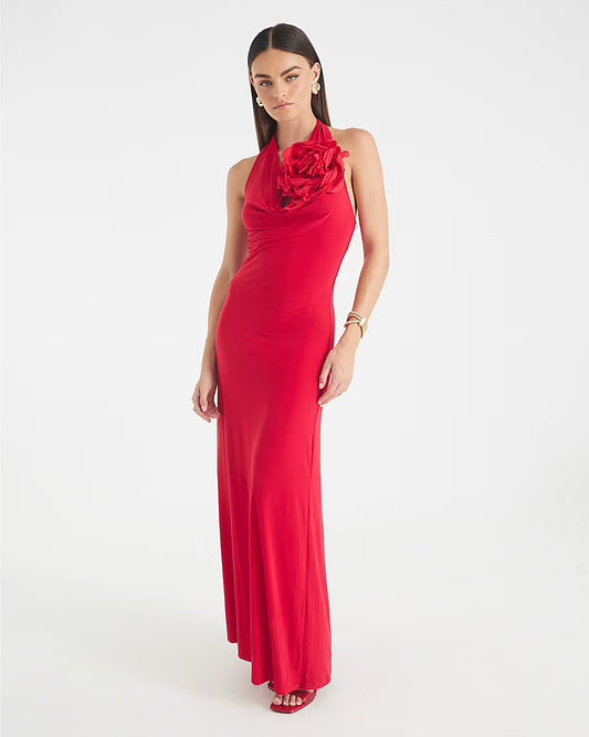 Red Cowl Neck Corsage Maxi Dress