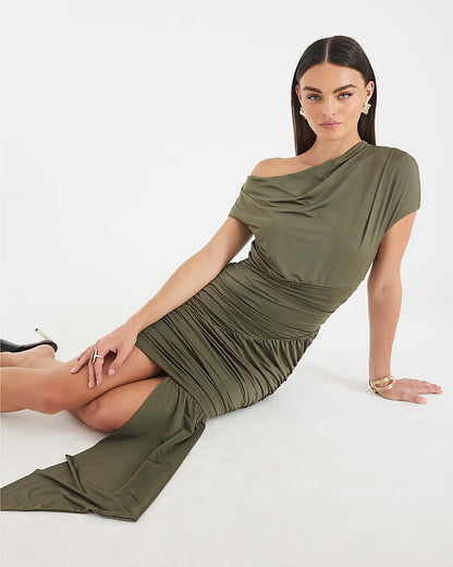 Green Short Sleeve Drape Detail Mini Dress