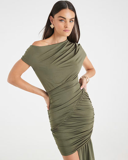 Green Short Sleeve Drape Detail Mini Dress