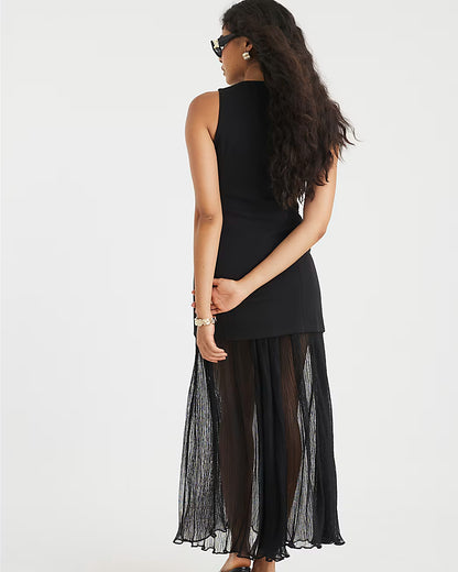 Black Plisse Sleeveless Waistcoat Maxi Dress