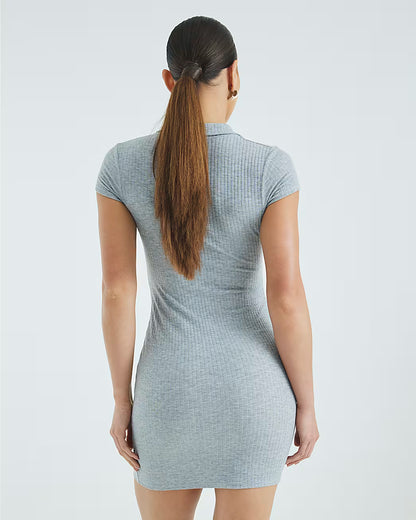 Grey Short Sleeve Button Polo Mini Dress