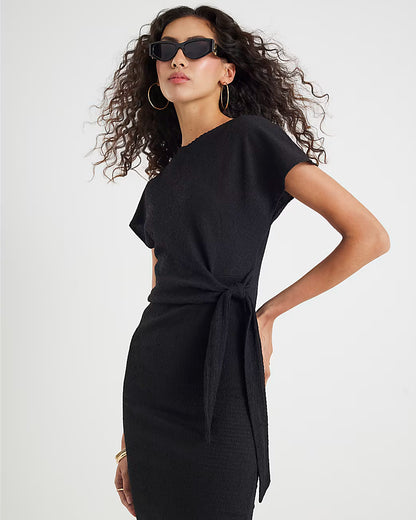 Black Textured Tie Waist Midi Dress
