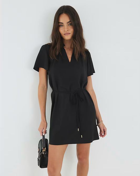 Black Belted Fluted Mini Dress