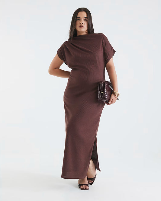 Brown Asymmetrical Ribbed Midi Dress