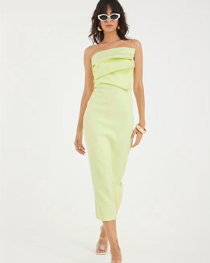 Green Sculpted Bandeau Tailored Midi Dress
