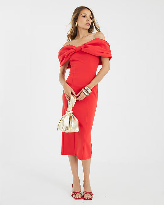 Red Bardot Bow Detail Bodycon Midi Dress