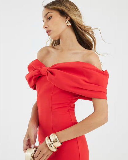 Red Bardot Bow Detail Bodycon Midi Dress