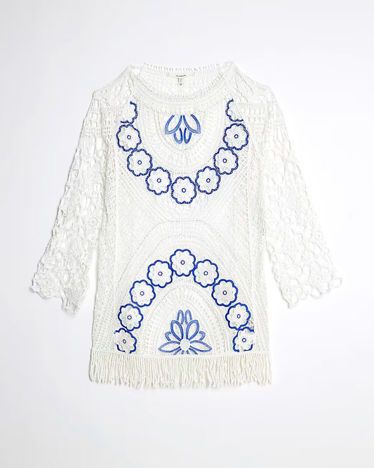 White Crochet Long Sleeve Mini Beach Dress