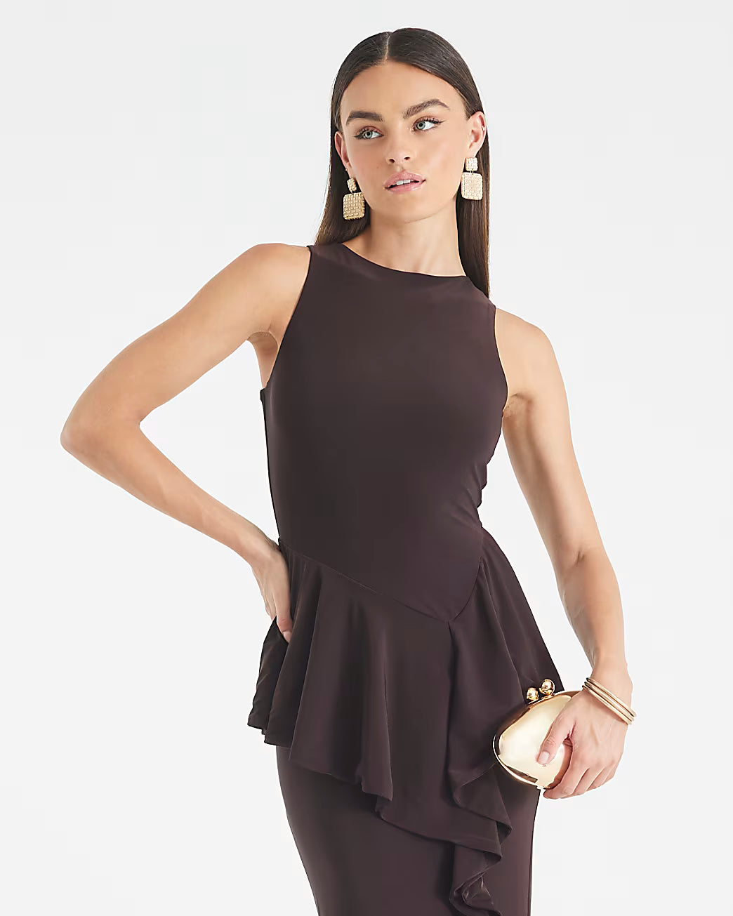 Brown Sleeveless Ruffle Front Maxi Dress