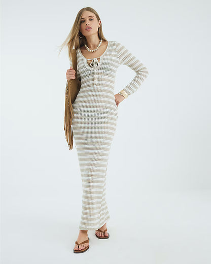 Beige Long Sleeve Stripe Tie Front Maxi Dress