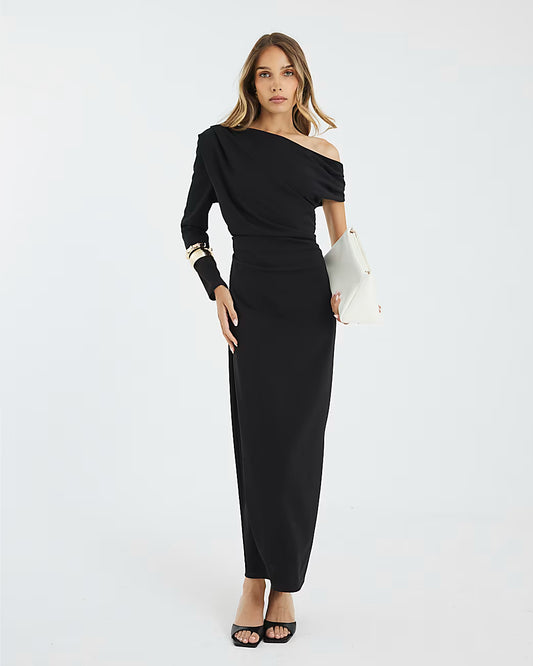 Black Asymmetrical Draped Maxi Dress