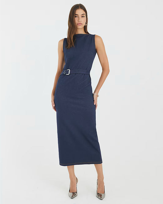 Blue Denim Twill Belted Midi Dress