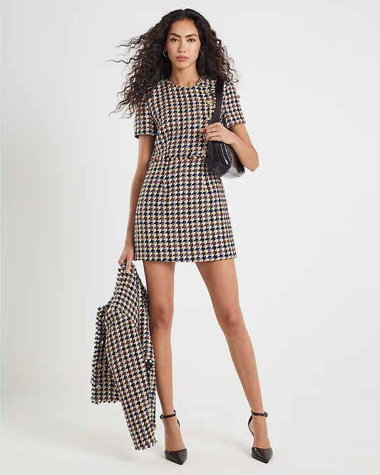 Brown Boucle Short Sleeve Check Mini Dress