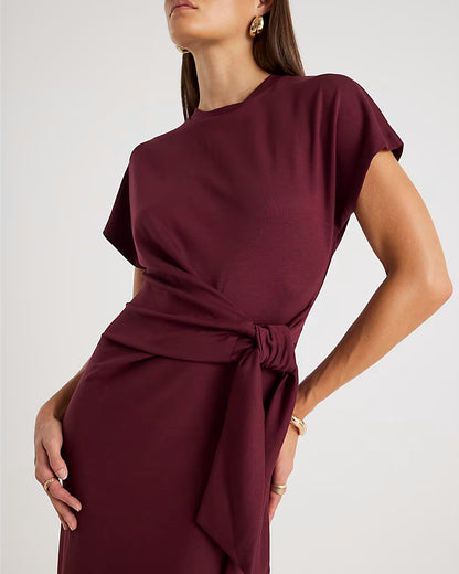 Red Premium Short Sleeve Knot Midi Dress