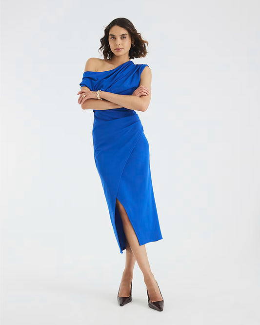 Blue Asymmetric Draped Wrap Midi Dress