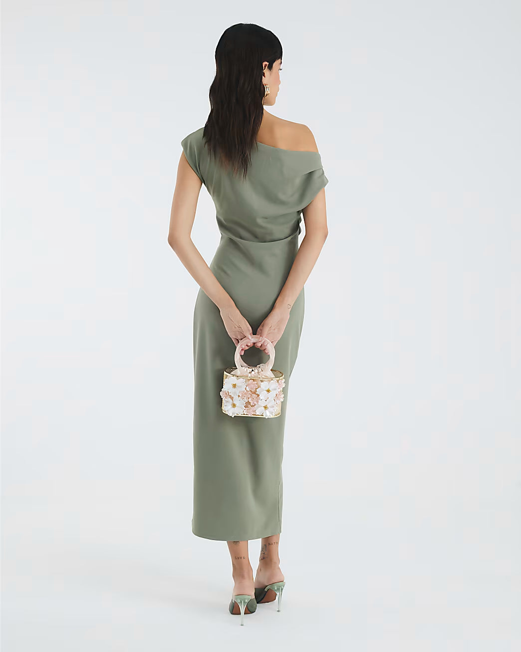 Khaki Asymmetric Draped Wrap Midi Dress
