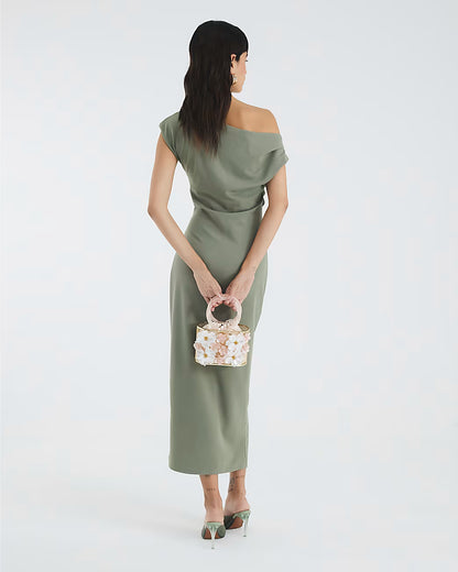 Khaki Asymmetric Draped Wrap Midi Dress