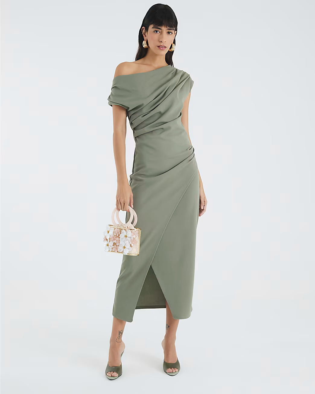 Khaki Asymmetric Draped Wrap Midi Dress