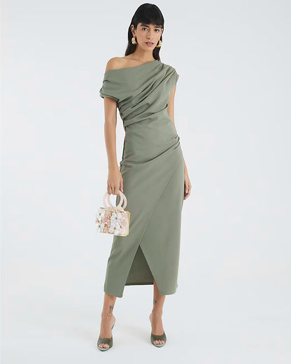 Khaki Asymmetric Draped Wrap Midi Dress