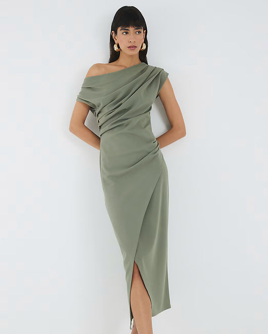 Khaki Asymmetric Draped Wrap Midi Dress