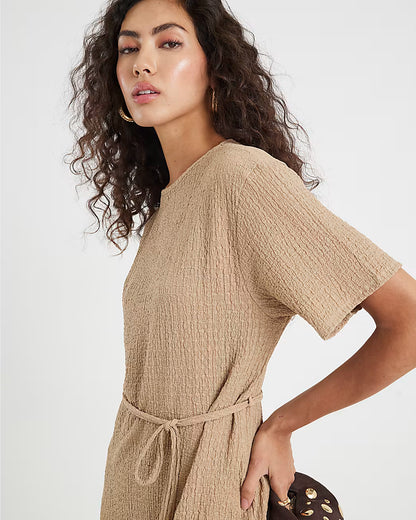 Beige Textured Belted Dress