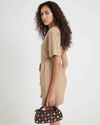 Beige Textured Belted Dress