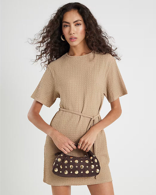 Beige Textured Belted Dress