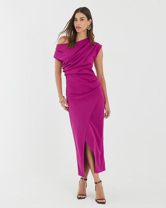 Purple Asymmetric Draped Wrap Midi Dress